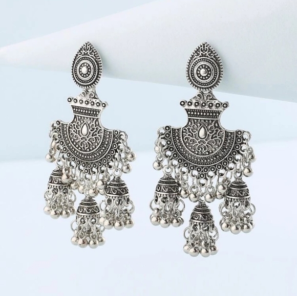 NWT Antique silver jhumkas/ Indian pakistani jewellery/ bead tassels jhumka - Picture 1 of 4